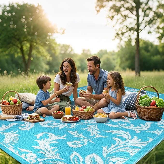 IDEALHOUSE Waterproof Outdoor Rug 9x12 for Patio, Foldable Reversible Area Rug, Large Plastic Straw Mat for Camping, RV, Porch, Backyard, Picnic, Beach, Light Blue & White