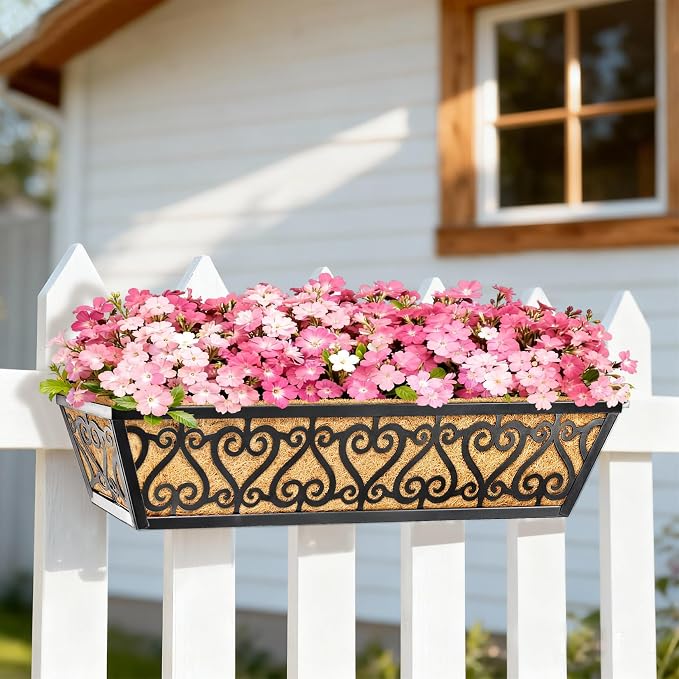 2 Pack 24 Inch Deck Railing Planter Box - Window Boxes Planters with Adjustable Brackets Coco Liners Balcony Planters Railing Hanging for Window Flower Boxes Outdoor Garden Decor