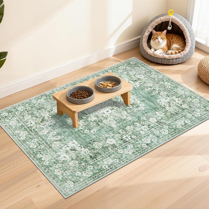 GarveeHome 2x3 Small Rug for Kitchen Machine Washable Floral Doormat | Non-Slip Low Pile Vintage Throw Carpet for Hallway Flower Bordered Accent Mat Boho Botanical Area Rugs for Bedroom Sage Green