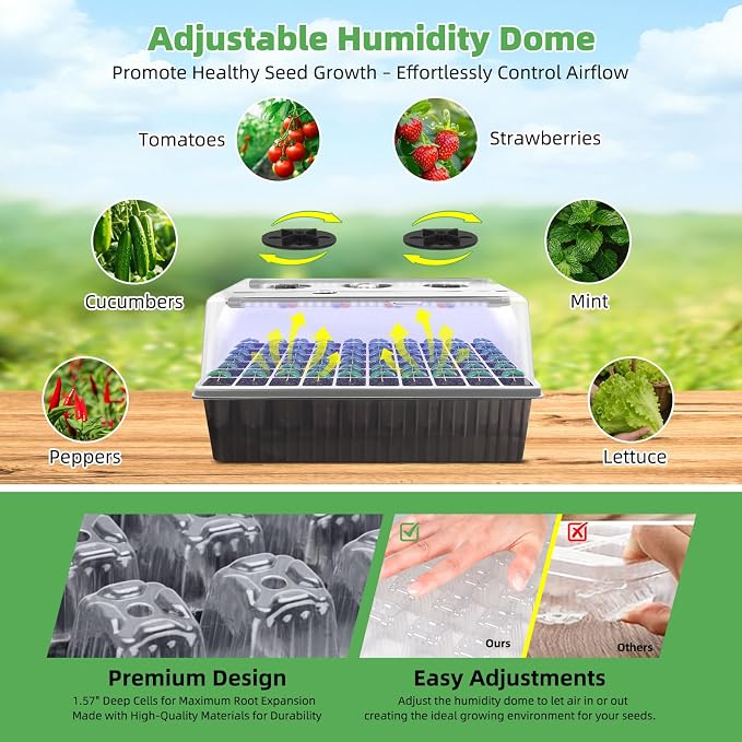 Indoor Seed Starting Kit with 60-Cell Self-Watering Tray, LED Grow Light, Timer, Humidity Dome, pH Meter for Plant Germination, Vegetables, Herbs, Flowers