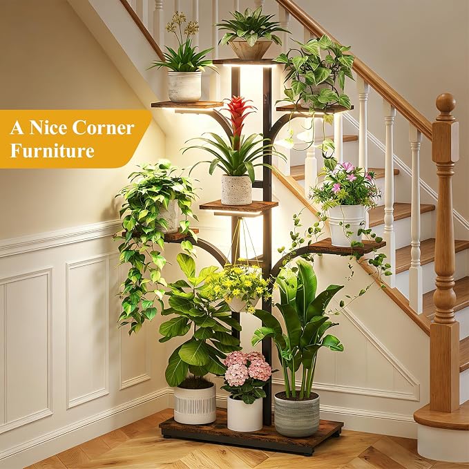ikkle Plant Stand Indoor with 4 Grow Lights & 3 Colors, 54" Tall 7-Tier Corner Plant Shelf for Indoor Plants Multiple, Tree-Shaped Flower Display Holder with Large Bottom Shelf for Tall Plants, Home Decor