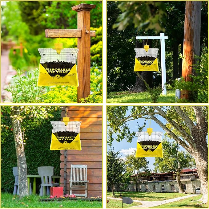 Glovv Fly Traps Outdoor Hanging with Fly Bait, 12 Pack Disposable Bags Hunter Ranch Trap, Flies Control Bug Catcher Killer Repellent for Stable Horse Barn & Farm