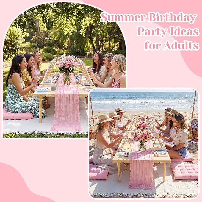 14 Pcs Picnic Paint Party Kit 91'' x 71'' Extra Large Outdoor Boho Blanket with Painting Kit Pink Floor Pillow Cushions and Cheesecloth Table Runner for Painting Party