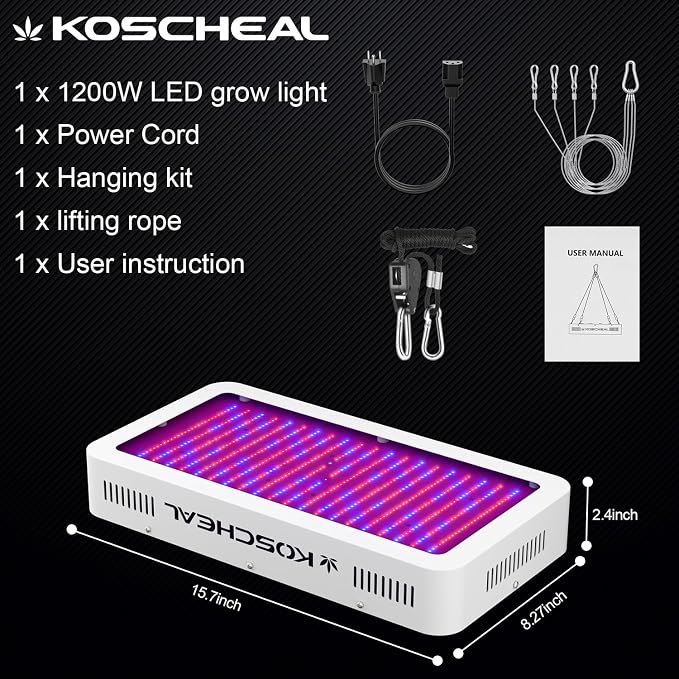 KOSCHEAL KS2000 230W LED Grow Light, 2.8 µmol/J Full Spectrum | Veg & Bloom Switches with 395nm/730nm. Daisy Chain up to 3 Units. Quiet Cooling. Ideal for 4x4/3x4 ft Grow Tents.
