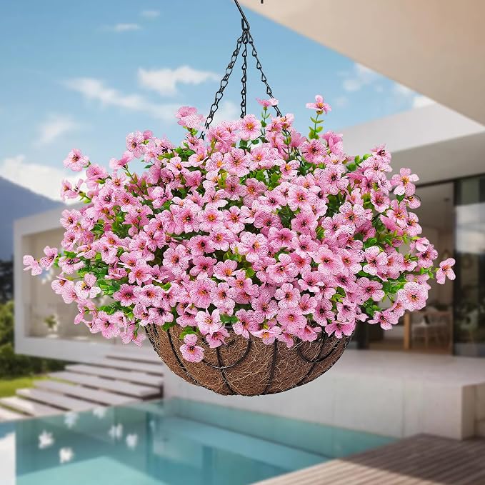 Artificial Fake Hanging Flowers Plants Basket for Outdoors Outside Spring Decoration,Hanging Planters with Faux Silk Flowers Realistic UV Resistant for Balcony Porch Patio Garden Fron Home Decor(Pink)