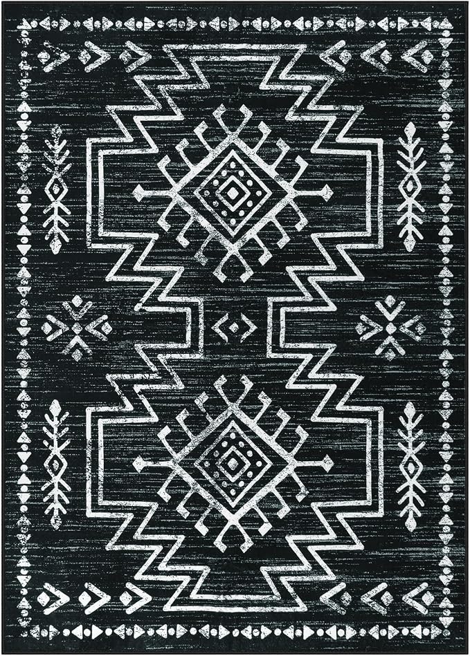 Lahome 5x7 Western Black and White Rugs for Living Room, Washable Aztec Rug | Boho Soft Low Pile Distressed Moroccan Carpet for Bedroom Dining Room Home Decor