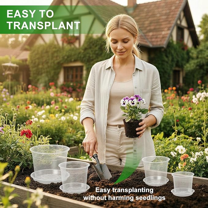 5/6/7/10 Inch Large Clear Nursery Pots with Drainage and Saucers - 16 Pack Plastic Plant Pots with Garden Tools & Labels, Seedling Pots for Transplanting Succulents Flowers Herb Vegetables