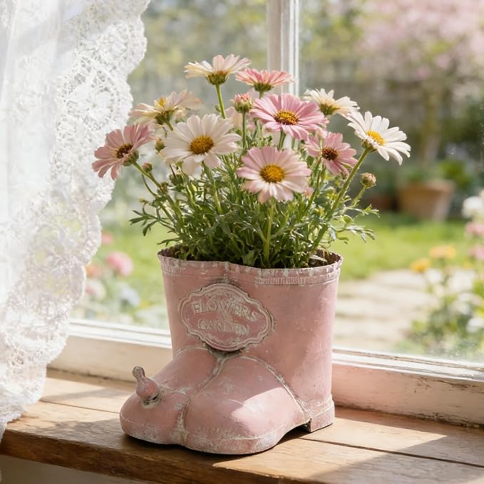 Vintage Distressed Boot Planter, Rustic Flowers & Garden Metal Rain Boot Plant Pot, Farmhouse Succulent Herb Planter for Indoor Outdoor Home Garden Patio Decor (Pink - Small)