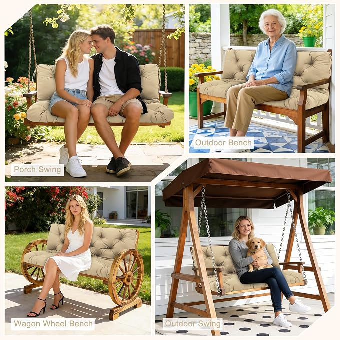 Porch Swing Cushions 3 Seater Replacement Thicken 5" Waterproof & Fade Resistant Swing Cushions for Outdoor Furniture Bench Patio Swing Cushion with Backrest & Ties(Khaki 70x40x5inch)