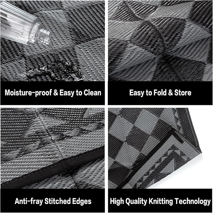 HUGEAR Outdoor Waterproof Rug 6'x9' Plastic Straw Rugs Washable Reversible Floor Mat Black/Grey Plaid Carpet for Camping RV Deck Entryance Porch Picnic Balcony Beach Backyard