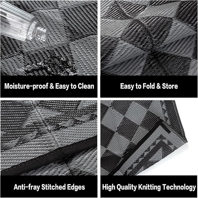 HUGEAR Outdoor Waterproof Rug 8'x10' Plastic Straw Rugs Washable Reversible Floor Mat Black/Grey Plaid Carpet for Camping RV Deck Entryance Porch Picnic Balcony Beach Backyard
