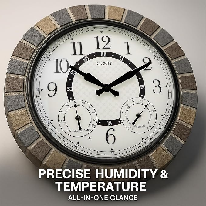 OCEST 18inch Large Indoor Outdoor Clock Illuminated Wall Clock with Thermometer Hygrometer & Night Light Waterproof Battery Operated Silent Non-Ticking Wall Clocks Decor for Patio Pool Porch Bathroom