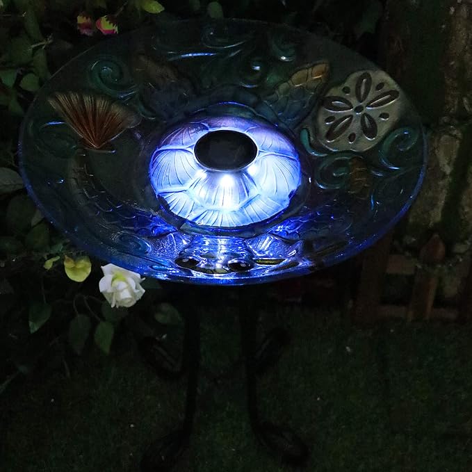 MUMTOP Glass Bird Bath, Large Bird Baths for Outdoors, Solar Birdfeeder with Metal Stand for Garden, Yard, Lawn Decor sea Turtle Pattern(Blue, 21.5"X18")