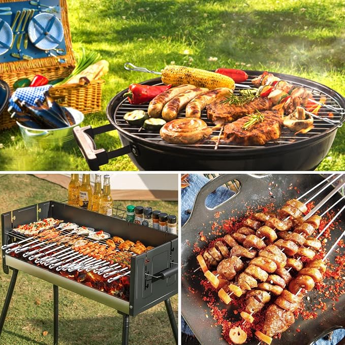 Stainless Steel Shish Kabob Skewers - 17' Long, 0.35' Wide BBQ Skewers (Set of 6) + 2 Grill Racks + 1 Storage Case
