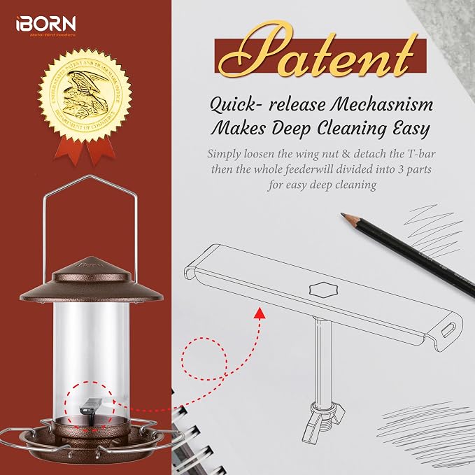 iBorn Bird Feeder Metal Squirrel Chew Proof Bird Feeders for Outdoors Hanging Outside for Cardinal, Holds 1.32LB Seed with 3 Perchs, Brushed Coffee (Seed is not Included)