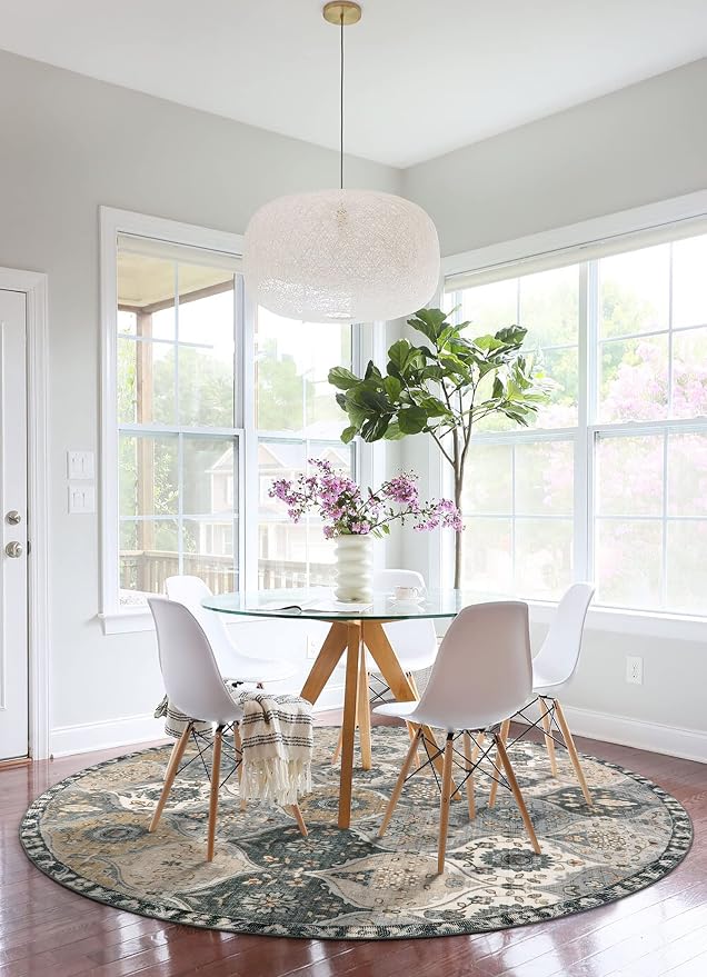 Lahome Moroccan Washable Round Rug 5ft, Soft Circle Rug for Dining Room | Office Vintage Bedroom Bathroom Entryway Distress Non Slip Low Pile Stain Resistant Accent Rug Elise, Grey