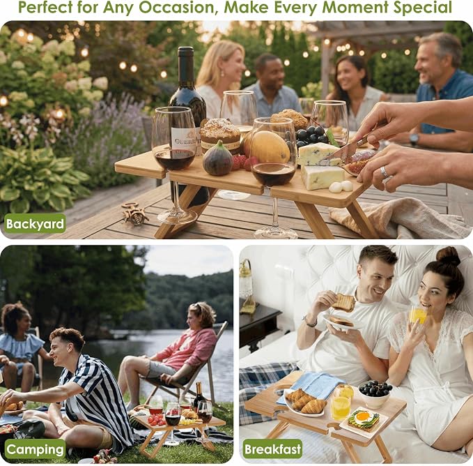 Youeon Portable Wine Picnic Table with 5 Wine Glasses Holder, Foldable Champagne Picnic Snack Table, Wine and Cheese Table for Picnic, Camping, Park, Beach, Wine Lover Gift