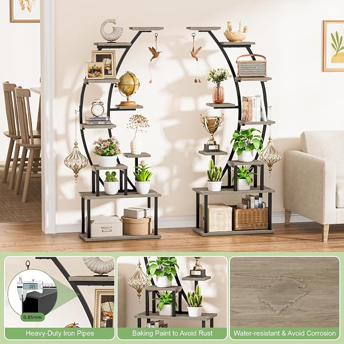 BACEKOLL Plant Stand Indoor with Grow Lights, 9 Tiered Metal Plant Shelf, 64" Tall Plant Stand for Indoor Plants Multiple, Large Plant Rack Display Shelf, Curved Plant Holder for Living Room, Grey
