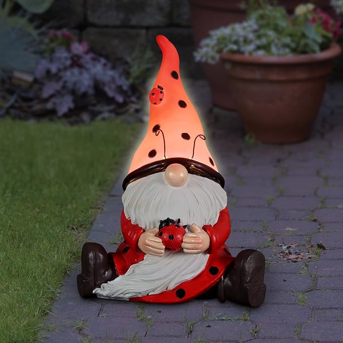 Exhart Garden Gnome, Ladybug Red Hat Solar Garden Statue Sculpture with Lady Bug, 4 LED Lights, Outdoor Lawn and Yard Decoration, 5.5 x 7 x 9.5 Inch