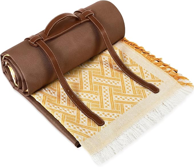 VitalCozy Waterproof Picnic Blankets 71×71 inch Outdoor Blanket Foldable 2 in 1 Double Layer Sandproof Beach Mat with Carry Strap for Camping Lawn Park Beach Grass(Yellow)