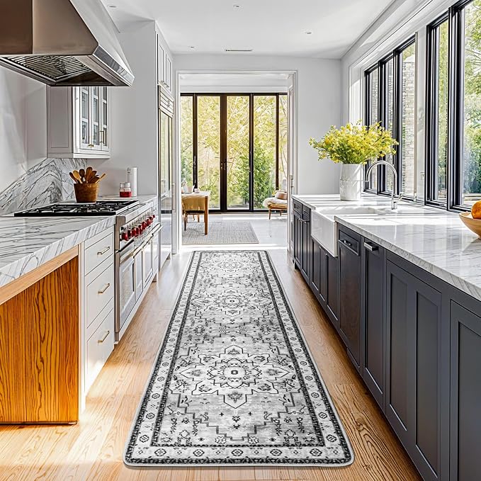 LBRO2M Machine Washable Rug Soft Pet Friendly Carpet 2X10 Gray | Persian Runner Rug 2X10 for HallWay, Bedroom, Kitchen, Laundry Room, Non Slip Carpet, Foldable Stain Resistant Rugs