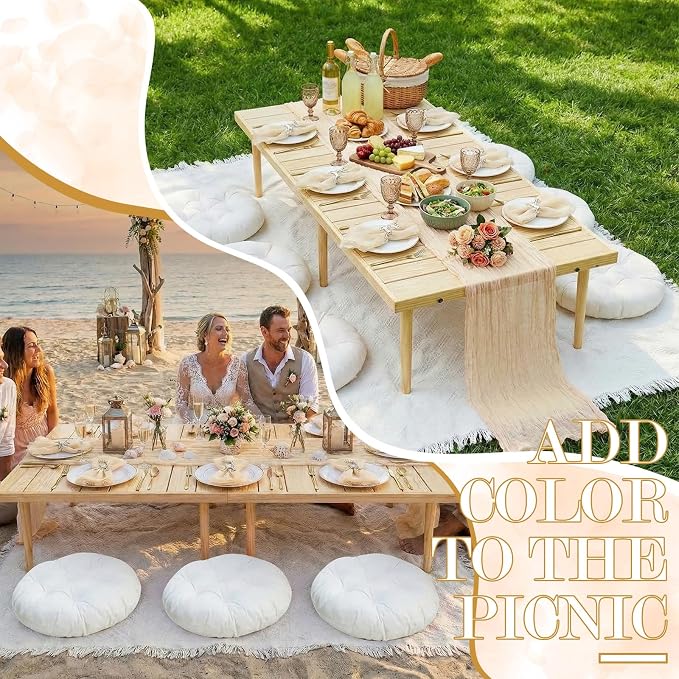 Beeveer Extra Large Outdoor Picnic Blanket with Table Runner Napkins and Floor Pillows Cushions for Picnic Party Camping Wedding Bachelorette Birthday Baby Shower Decor(71x91'',Beige,6 Set)