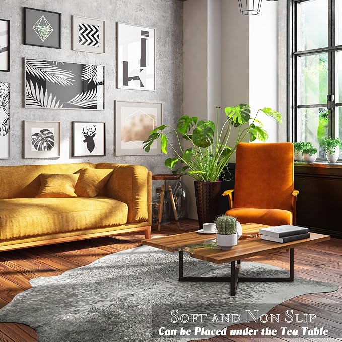 Faux Cowhide Rug for Living Room, 4.6 x 5.2 Feet Grey, Cow Print Skins Rug for Bedroom, Premium Faux Fur Animal Cow Hide Rugs Carpet for Western Decor