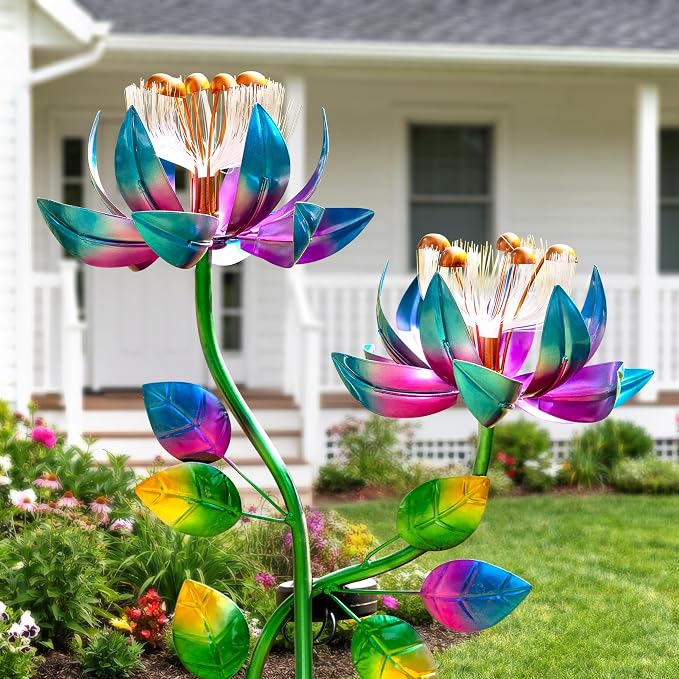 Solar Wind Spinners Blue Twin Flowers for Yard and Garden, Solar Windmill Garden Whirligig Kinetic Spinners Decor for Lawn, Patio, Yard, Metal Wind Outdoor Sculpture
