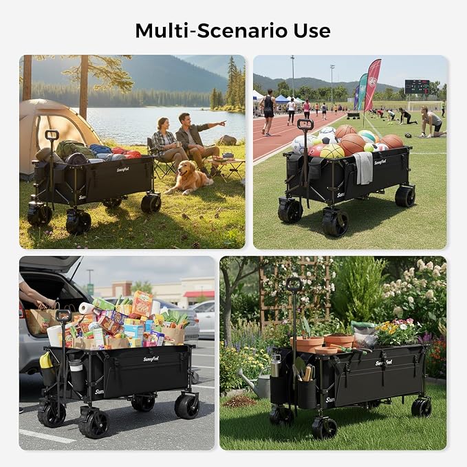 SUNNYFEEL 49" L Extended Wagon Cart Foldable - 550LBS Heavy Duty | Extra Long Collapsible Wagon with Big All-Terrain Wheels , Utility Carts for Camping, Beach, Groceries, Sports - Black