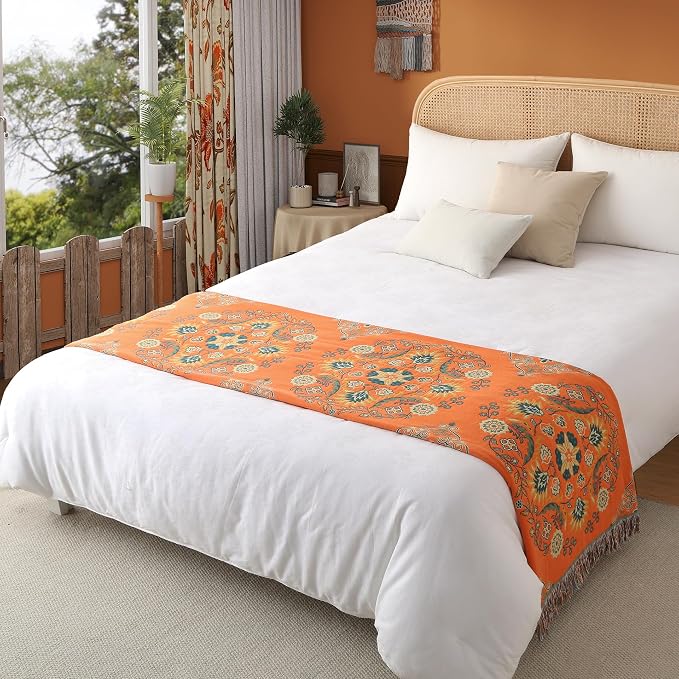 Phuryllic Boho Throw Blanket Queen Size, Oversized Soft Cozy Cotton Muslin Quilt Blanket for Bed Decor, Floral Patterned Couch Sofa Chair Cover, Vintage Farmhouse Cottage Woven Blanket, Orange&Green