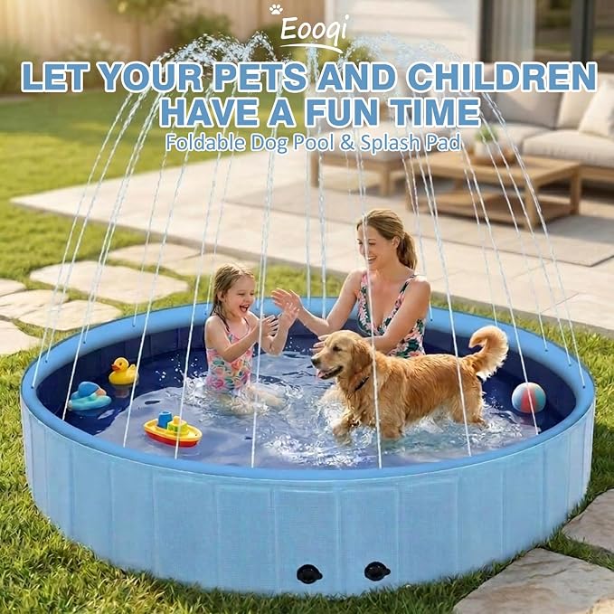 Eooqi Foldable Dog Pool with Sprinkler, Extra Large Thickened Splash Pool | 2-in-1 Outdoor Summer Water Play Toy, Non-Slip Hard-Side Kiddie Pool for Backyard Dogs, Kids & Pets (Blue, 79"-4XL)