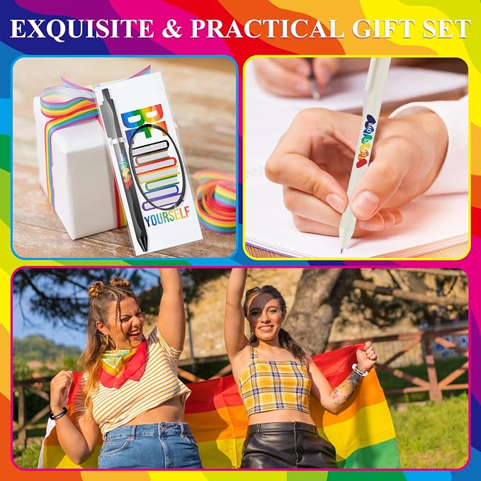 Spakon 100 Set Gay Pride Gifts Rainbow Silicone Wristband Bracelet LGBT Retractable Ballpoint Pen Black Ink Gift Cards with Twist Ties Pride Decorations for Parades Rainbow Festival Gay Pride Month