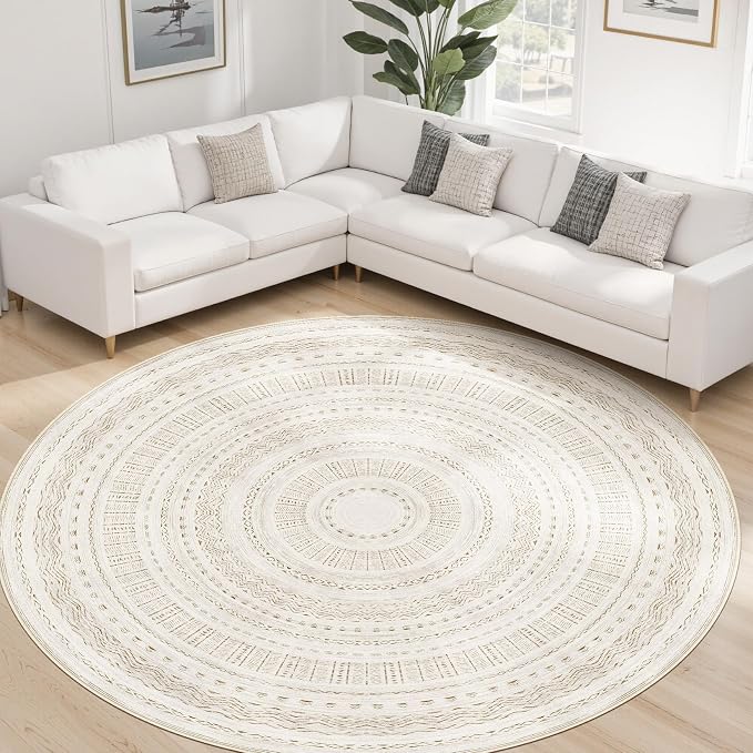 cotiled 8x8 Round Rug 8ft Circle Living Room Boho Area Rugs | Solve Modern Neutral Trendy Home Decor - Washable Foldable Indoor Carpet for Bedroom Home Office Brown Cream