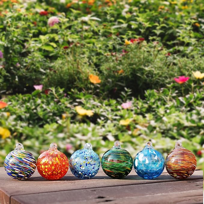 VOREEN 6-Pack Blown Glass Christmas Ornaments, 2.56" Handblown Hanging Glass Gazing Balls for Christmas Tree Decoration, Holiday Ornament Gift Set(Warm Amber & Holiday Tones)