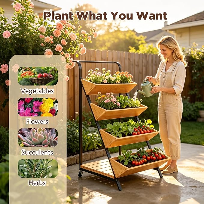 4-Tier Vertical Raised Garden Beds Indoor Outdoor Freestanding Tiered Planter Box with Metal Frame & Wheels for Herbs Vegetables Fruits Wooden Flower Display Stand for Patio, Balcony & Yard (Wood6)
