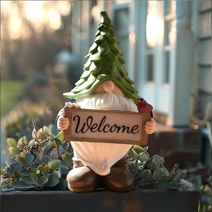 Solar Garden Gnome Statue with Welcome Sign, 13.5" Resin Outdoor Gnome Decor with LED Light, Cute Garden Statue for Yard, Porch, Patio, Lawn, Housewarming Gifts for Women Mom Grandma