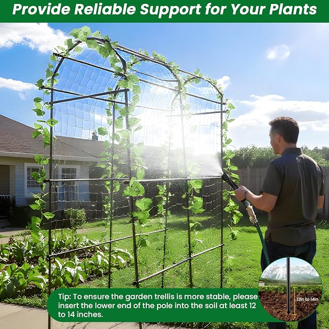 PKBD Tall Garden Arch Trellis for Climbing Plants Outdoor, 7.5 ft Tall Polyethylene-Coated Stainless Steel Garden Arch for Climbing Vine Vegetable/Fruit/Flower, Cucumber Trellis for Raised Bed, Black