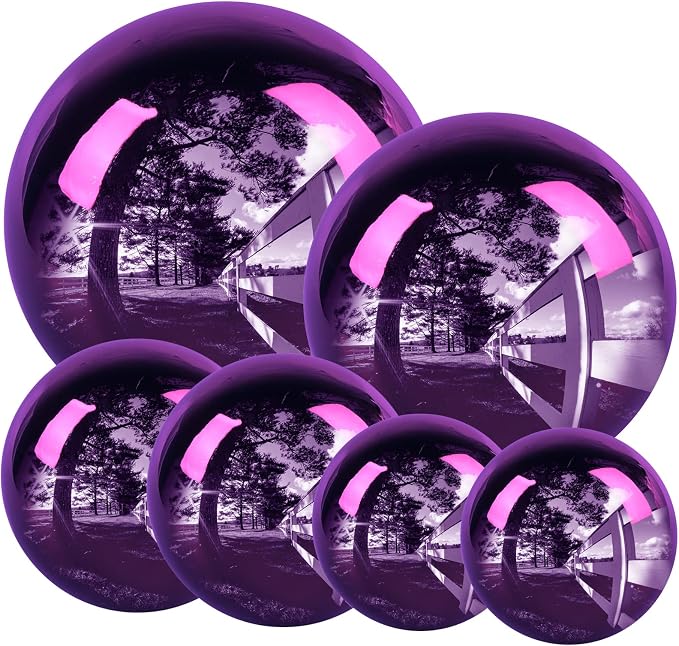 6Pcs Stainless Steel Gazing Balls - 2Pcs 2 inch, 2Pcs 3 inch, 1Pcs, 4 inch, 1Pcs 6 inch, Purple Mirror Polished Hollow Gazing Globe Reflective Garden Sphere for Home Ornament Decoration