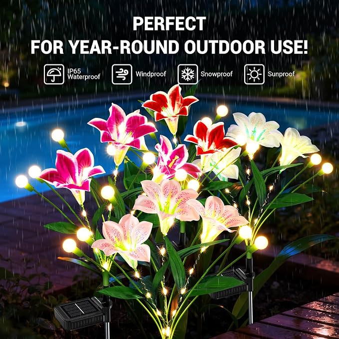 Upgraded Solar Garden Lights Outdoor: 4 Pack 2-in-1 Solar Lily Flower Lights with Swaying Firefly Lights & Glowing Stems, Brighter Waterproof Solar Garden Decor for Yard Patio, Unique Gifts