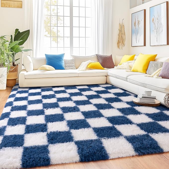 Checkered Rug for Living Room 6x9, Ultra Fluffy Fuzzy Shag Large Area Rug for Bedroom, Modern Plush Soft Upgrade Non-Slip Carpet for Kids Girls and Boys Room Dorm Home Decor, Navy and White