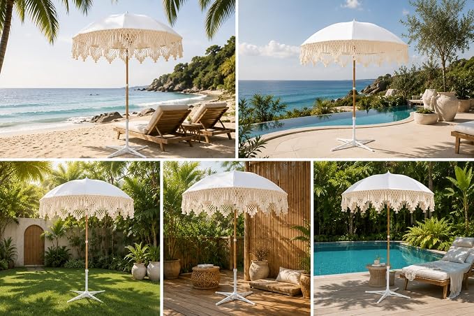 Bohemian Umbrella Macrame 6.5ft HANDCRAFTED Balinese MACRAME Canopy OUTDOOR Umbrella LUXURY Umbrella MIAMI Umbrella Premium Macrame for Deck, Patio, Pool, Sun Shade and Outdoor Entertaining