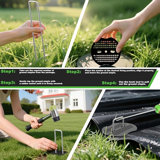 6 Inch Landscape Staples Set, 11 Gauge Galvanized U-Shaped Garden Stakes (100 Pack) with 100 Gaskets, Hook Tool & Rubber Mallet for Weed Fabric & Landscaping