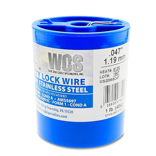 WCS .047 Stainless Steel Safety Lock Wire, T302/304, NASM20995C MS20995C, ASTM A580 Condition A, AMS569, Mechanics Wire for Aircraft, Automotive, & Industrial Use, 1lb Dispenser Can, Approx 168 ft