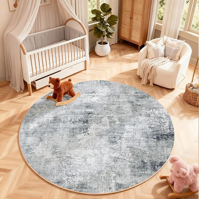 4ft Round Bedroom Rug Washable: Circle Rugs for Living Room Boho Vintage Non Slip Low Pile Soft Faux Wool Non Shedding Small Carpet for Kitchen Entryway Bathroom Bedside Office Dorm Kids Room Entrance