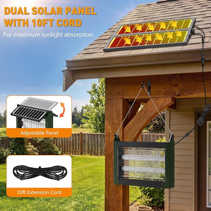 Solar Bug Zapper Outdoor, 4500V Solar Mosquito Zapper with Dual Solar Panels, 1/2 Acre Coverage Cordless Rechargeable Electric Fly Zapper, IPX5 Waterproof Mosquito Traps for Backyard, Patio, Camping