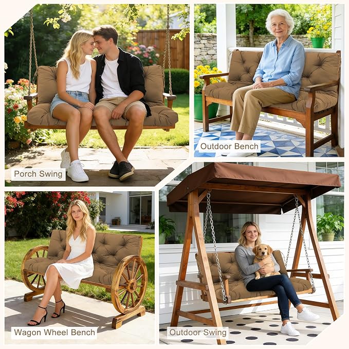 Porch Swing Cushions 3 Seater Replacement Thicken 5" Waterproof & Fade Resistant Swing Cushions for Outdoor Furniture Bench Patio Swing Cushion with Backrest & Ties(Coffee 55x40x5inch)
