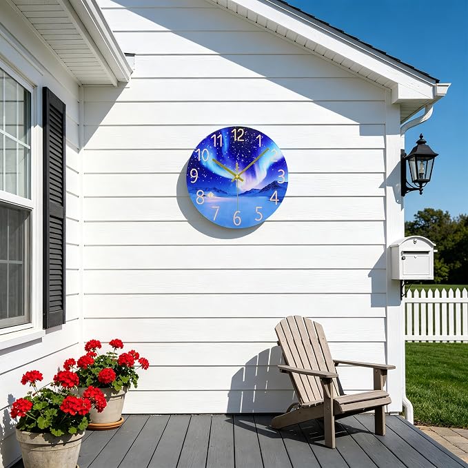 WISKALON Indoor Outdoor Glass Clock 12 Inch Waterproof Unusual Silent Non Ticking Aurora Wall Clocks Battery Operated for Patio, Pool, Garden, Backyard, Bathroom(Blue)