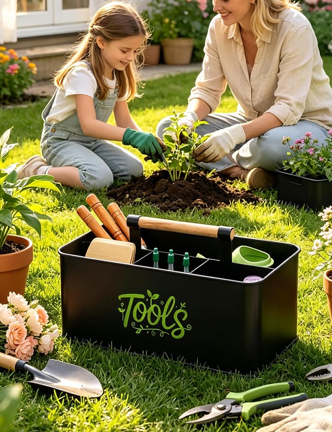 Gardening Tool Caddy, Garden Tool Basket with 4 Compartments, Metal Garden Caddy with Wooden Handle for Indoor & Outdoor