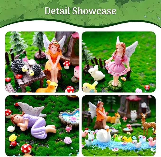 114Pcs Fairy Garden Accessories Outdoor Kit Mini Fairy House Decor Supplies | Resin Fairies Figures with Elves, Deer, Bunny, Squirrel, Owl Figurines for Miniature Garden, Yard, DIY Set