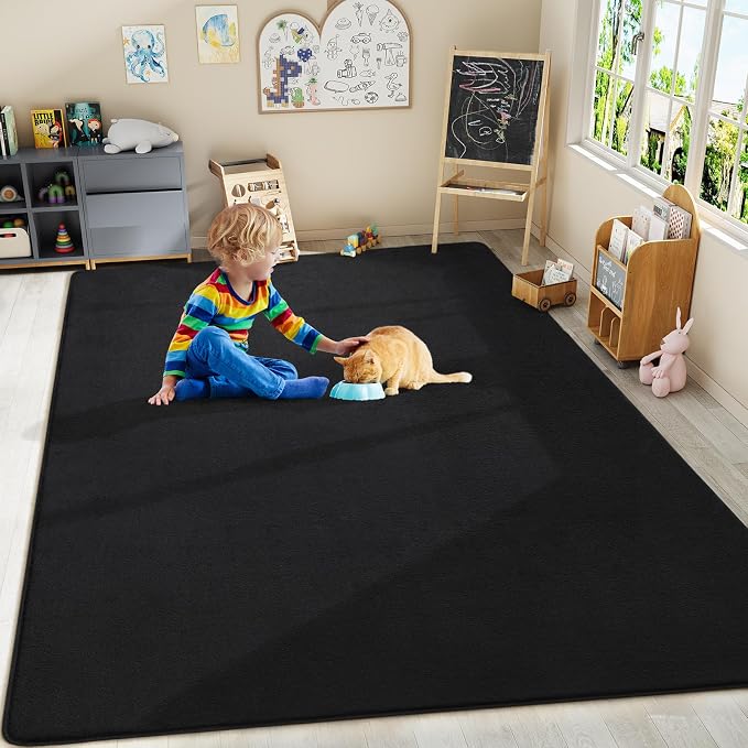 Amearea Modern Area Rugs for Bedroom Living Room, 5x8 Black Memory Foam Rug | Thickened Fluffy Indoor Washable Rugs Non Slip Minimalist Large Carpet for Boys Girls Dorm Nursery Room Decor